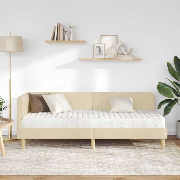 vidaXL Kotna postelja z vzmetnico z vzglavjem krema 80 x 200 cm blago
