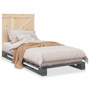 vidaXL Posteljni okvir z vzglavjem siv 90x200 cm trdna borovina