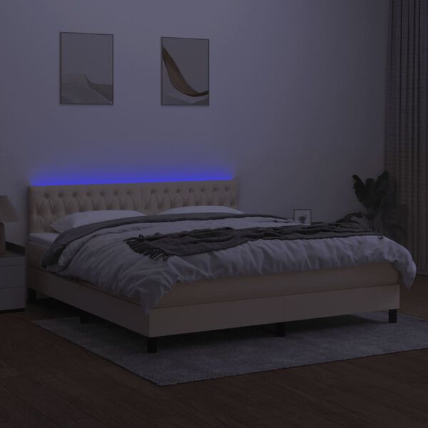 vidaXL Box spring postelja z vzmetnico LED krem 160x200 cm blago