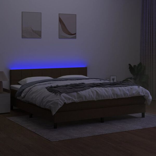 vidaXL Box spring postelja z vzmetnico LED temno rjava 160x200cm blago