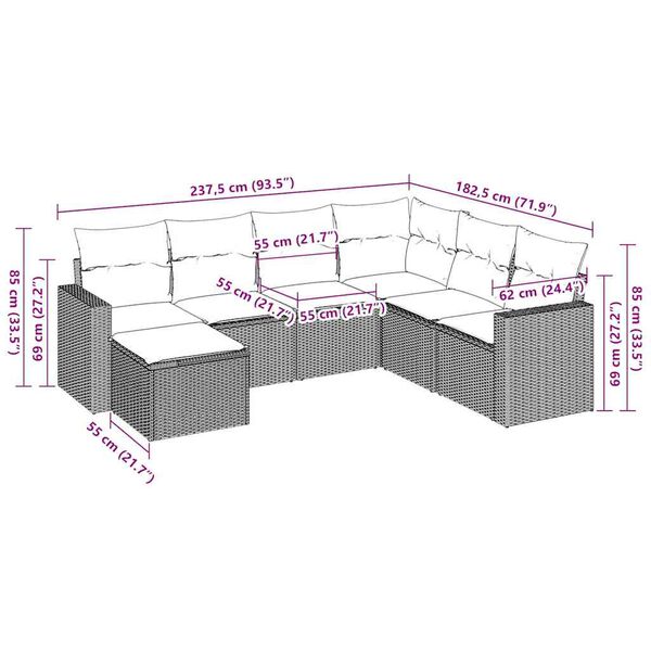 vidaXL Vrtna sedežna garnitura 7-delna z blazinami rjav poli ratan