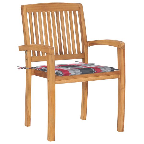 vidaXL Vrtni stoli 2 kosa z rdečimi karo blazinami trdna tikovina