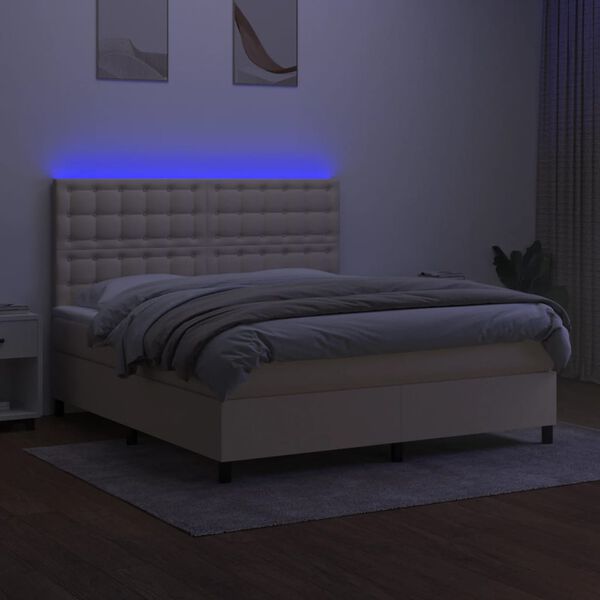 vidaXL Box spring postelja z vzmetnico LED krem 160x200 cm blago