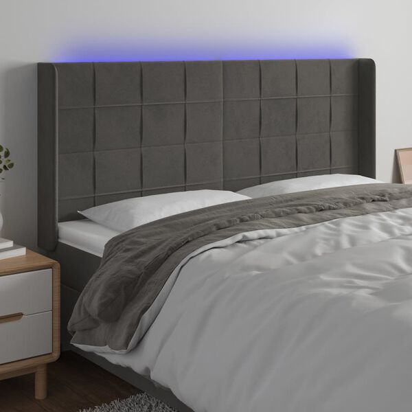 vidaXL LED posteljno vzglavje temno sivo 183x16x118/128 cm žamet