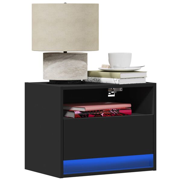 vidaXL Stenska nočna omarica z LED lučkami črna