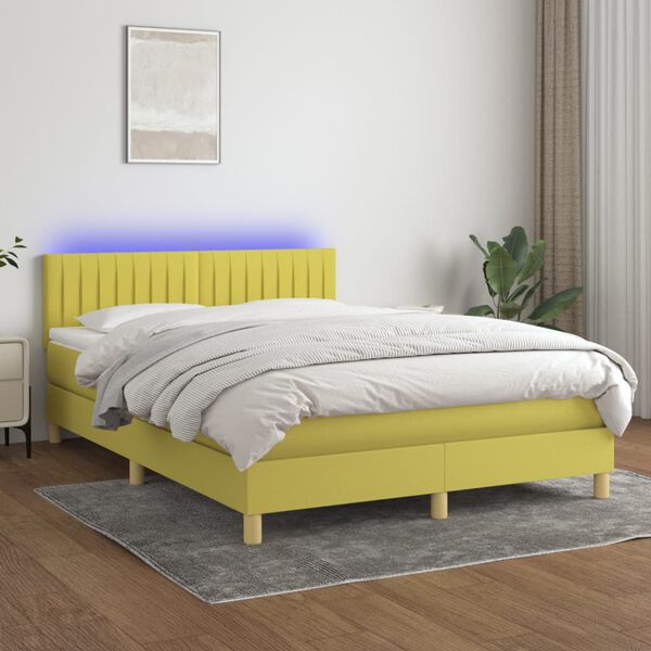 vidaXL Box spring postelja z vzmetnico LED zelena 140x190 cm blago