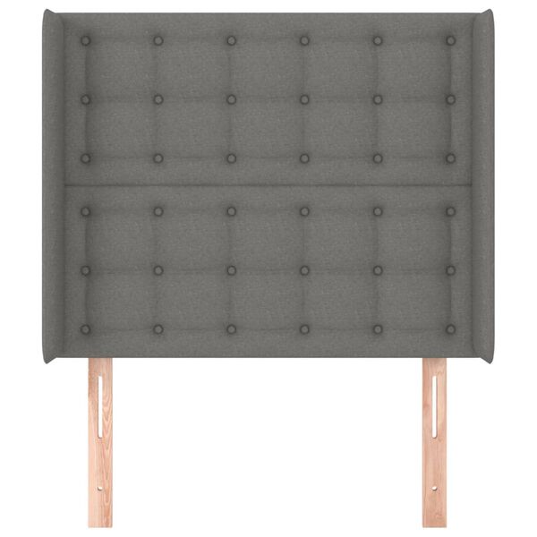 vidaXL Vzglavje z u&scaron;esi temno sivo 103x16x118/128 cm blago