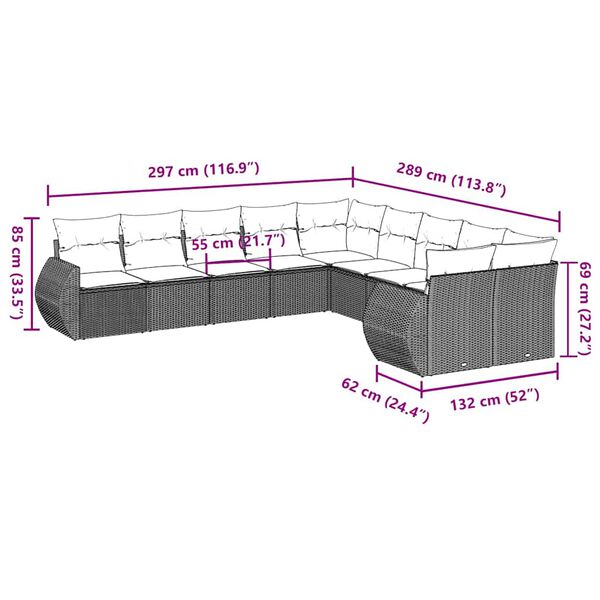 vidaXL Vrtna sedežna garnitura 10-delna z blazinami sv. siv poli ratan