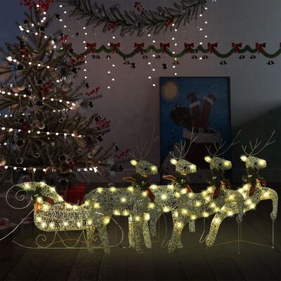 vidaXL Zunanji božični jeleni s sanmi 100 LED lučk zlati