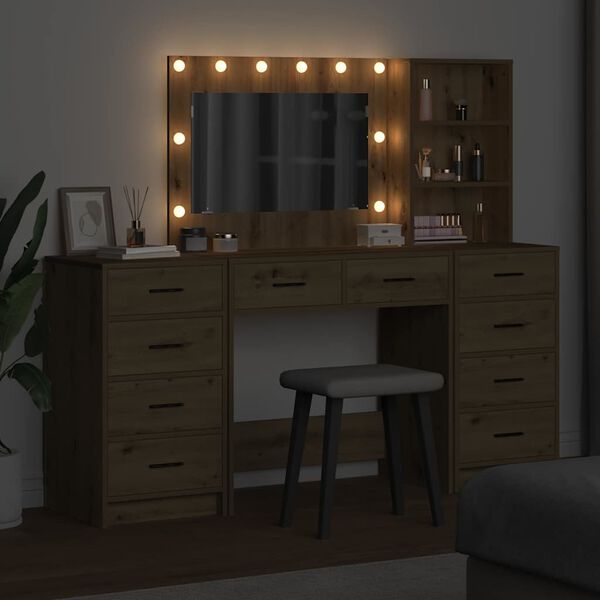 vidaXL Toaletna mizica s predalom 3 pcs Umetni hrast Konstruiran les