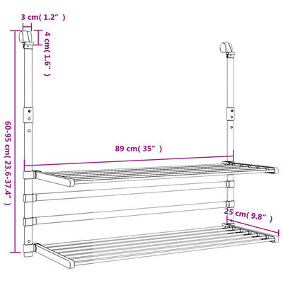vidaXL Sušilnik perila za balkon 89x25x(60-95) cm aluminij