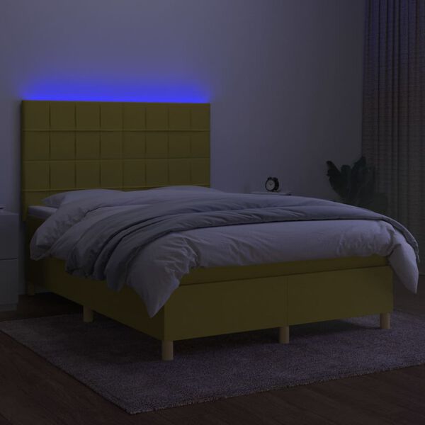 vidaXL Box spring postelja z vzmetnico LED zelena 140x190 cm blago