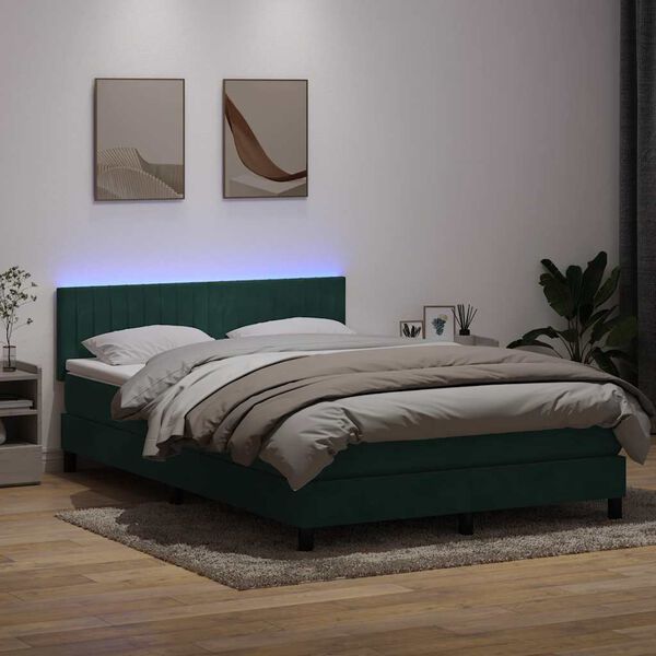 vidaXL Box spring postelja z vzmetnico LED temno zelena 160x210 cm žamet