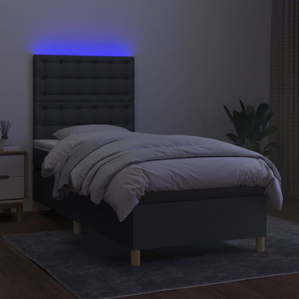 vidaXL Box spring postelja z vzmetnico LED temno siva 90x200 cm blago