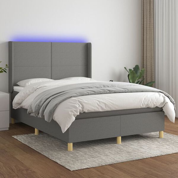 vidaXL Box spring postelja z vzmetnico LED temno siva 140x190 cm blago