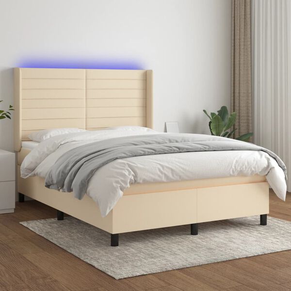 vidaXL Box spring postelja z vzmetnico LED krem 140x190 cm blago