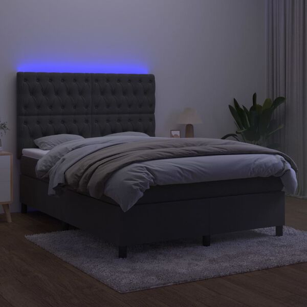 vidaXL Box spring postelja z vzmetnico LED temno siva 140x190 cm žamet