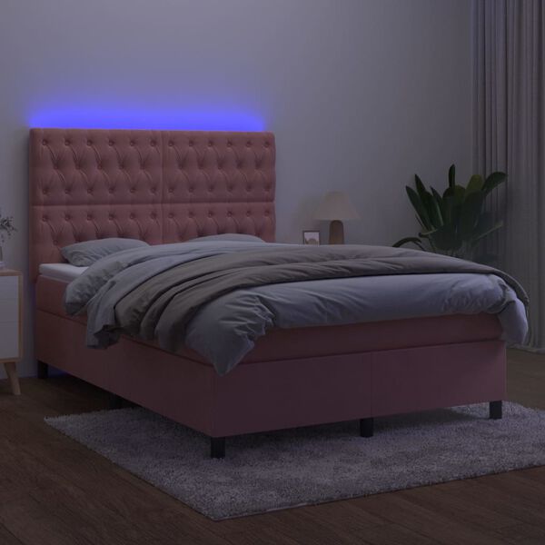 vidaXL Box spring postelja z vzmetnico LED roza 80x200 cm žamet