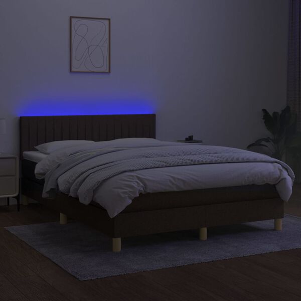 vidaXL Box spring postelja z vzmetnico LED temno rjava 140x190cm blago