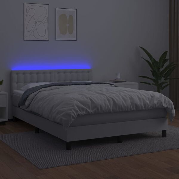 vidaXL Box spring postelja z vzmetnico LED bela 140x190cm umetno usnje