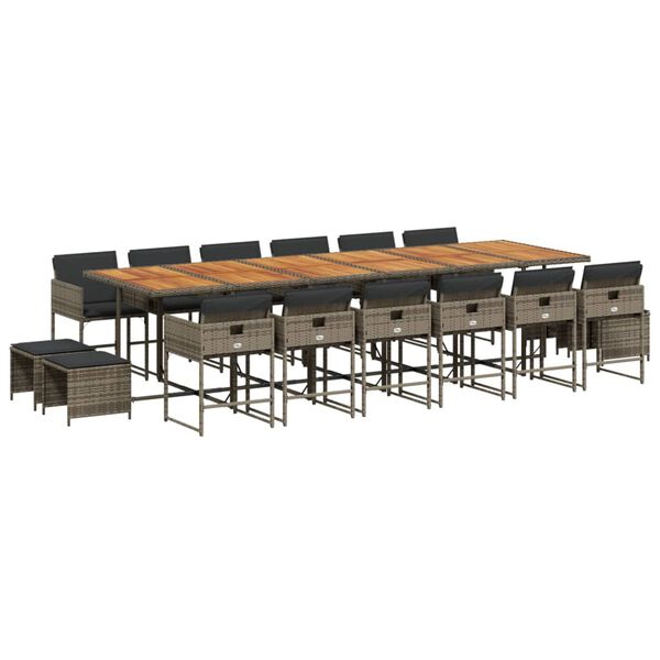 vidaXL Vrtna jedilna garnitura 17-delna z blazinami siv poli ratan