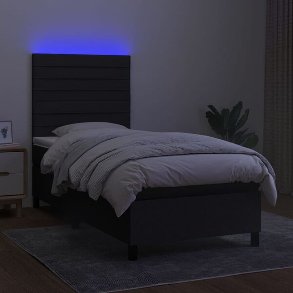vidaXL Box spring postelja z vzmetnico LED črna 90x190 cm blago