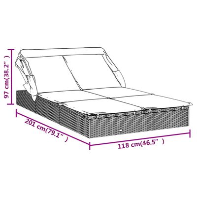 vidaXL Vrtna postelja za 2 osebi s streho rjava 213x118x97 cm PE ratan