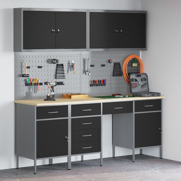 vidaXL Delovna miza s predalom 10 pcs Črna 200 x 55 x 200 cm Jeklo