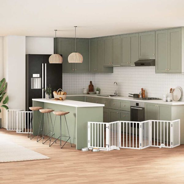 vidaXL Ograda za pse z vrati zložljiva 9 panelov bela 450 cm les