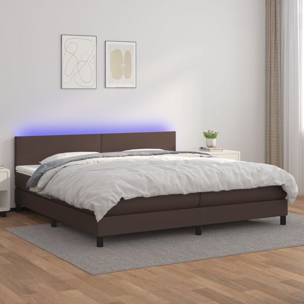 vidaXL Box spring postelja vzmetnico LED rjava 200x200 cm umetno usnje