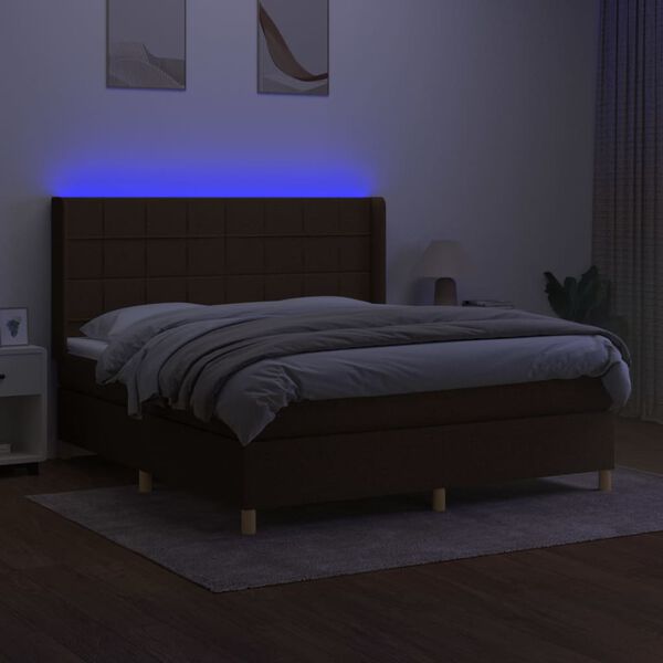 vidaXL Box spring postelja z vzmetnico LED temno rjava 180x200cm blago