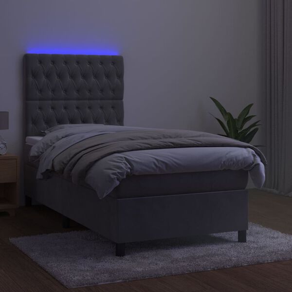 vidaXL Box spring postelja z vzmetnico LED svetlo siva 90x200 cm žamet