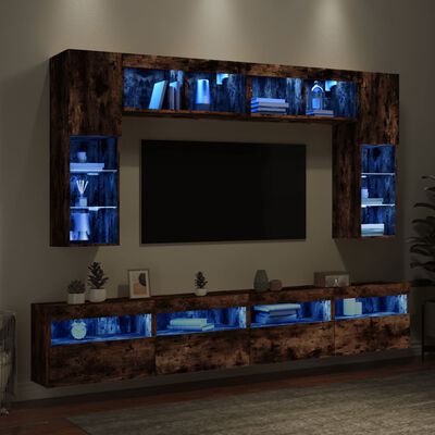 vidaXL Stenske TV omarice z LED lučkami 8 kosov dimljeni hrast