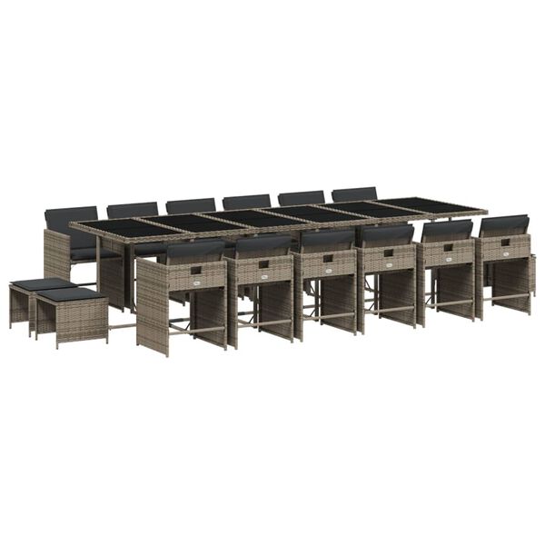 vidaXL Vrtna jedilna garnitura 17-delna z blazinami siv poli ratan