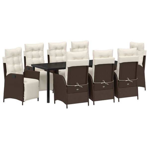 vidaXL Komplet za jedilnico v vrtu z blazino 9 pcs Rjava poli ratan