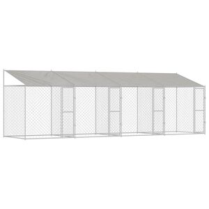 vidaXL Pasja kletka s streho Srebrna 800 x 200 x 256 cm Jeklo in PE
