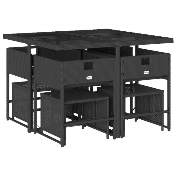 vidaXL Vrtna jedilna garnitura 9-delna z blazinami črn poli ratan