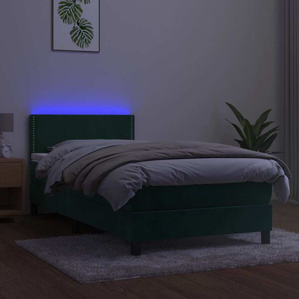 vidaXL Box spring postelja z vzmetnico LED tem. zelena 90x190 cm žamet