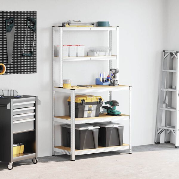 vidaXL 5-nadstropna delovna miza s policami srebrno jeklo in inž. les