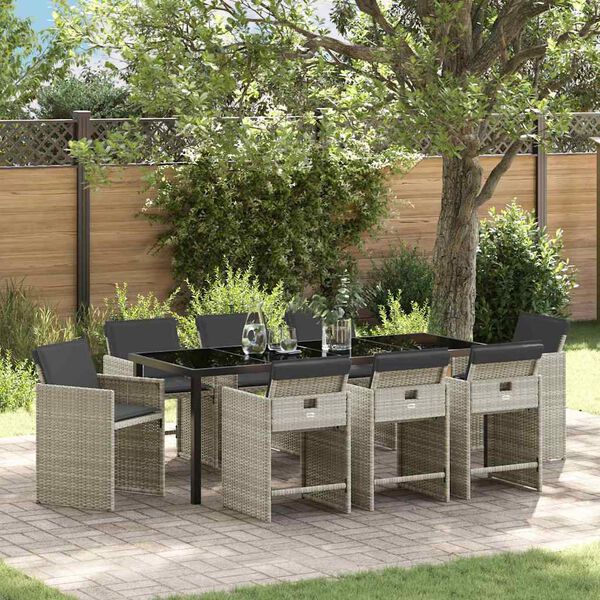 vidaXL Komplet za jedilnico v vrtu 9 pcs Svetlo siva poli ratan