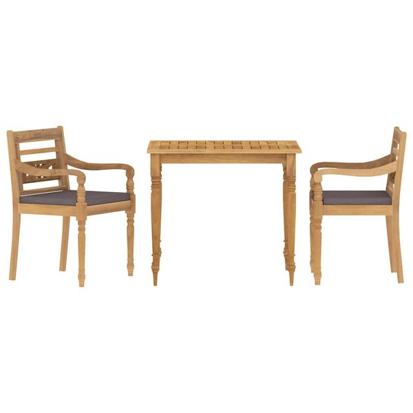 vidaXL Vrtna jedilna garnitura 3-delna s sivimi blazinami tikovina