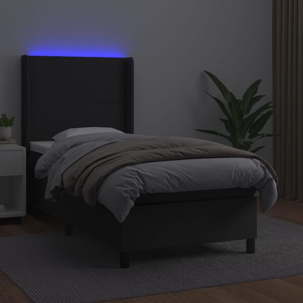 vidaXL Box spring postelja z vzmetnico LED črn 100x200 cm umetno usnje