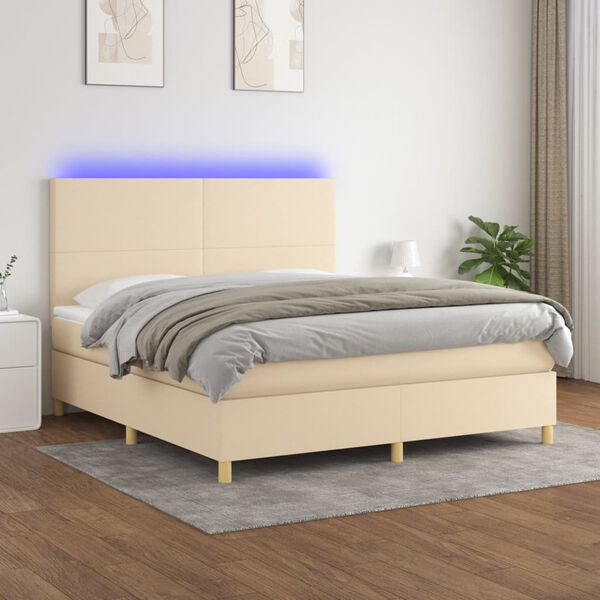 vidaXL Box spring postelja z vzmetnico LED krem 180x200 cm blago