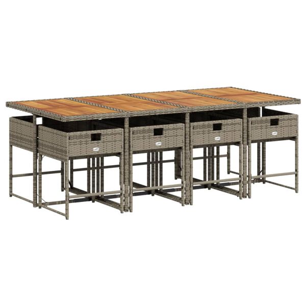 vidaXL Vrtna jedilna garnitura 9-delna z blazinami siv poli ratan