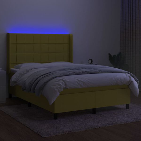 vidaXL Box spring postelja z vzmetnico LED zelena 140x190 cm blago