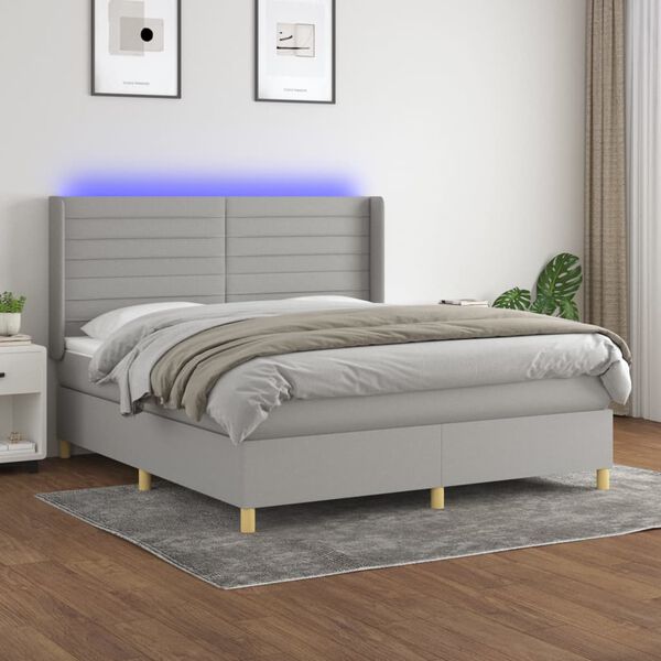 vidaXL Box spring postelja z vzmetnico LED sv. siva 180x200 cm blago
