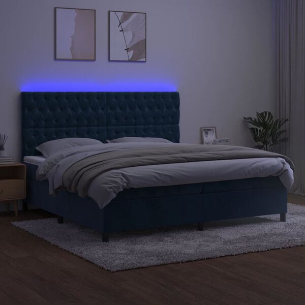 vidaXL Box spring postelja z vzmetnico LED temno modra 200x200cm žamet