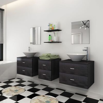 vidaXL Sedem delni komplet kopalniškega pohištva z umivalnikoma črni