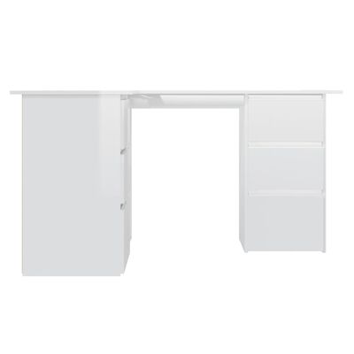 vidaXL Kotna pisalna miza visok sijaj bela 145x100x76 cm iverna plošča