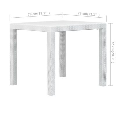 vidaXL Vrtna miza iz plastike 79x79x72 cm bela videz ratana